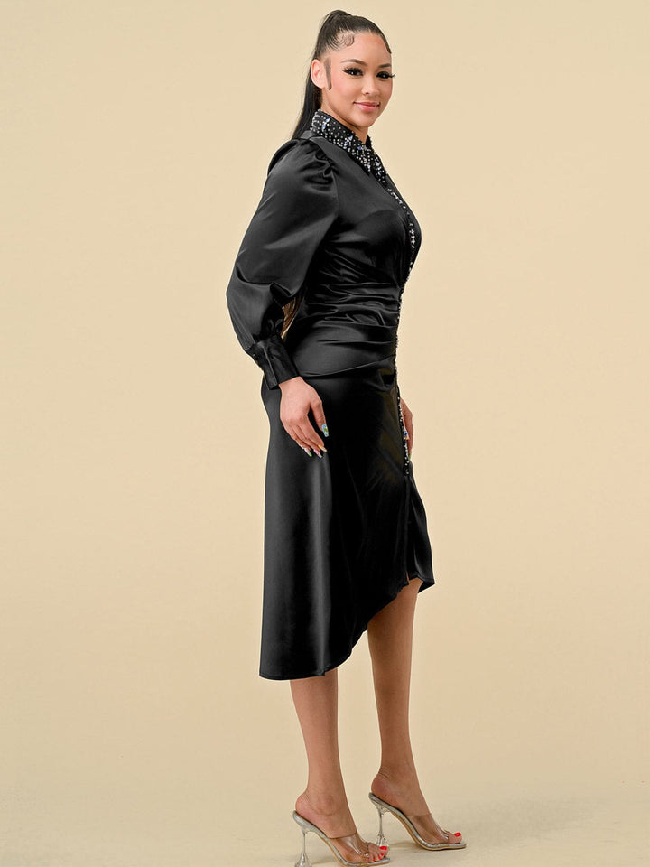 WOMEN'S LONG SLEEVES STUDS NECK DETAILED HIGH-LOW BUTTON UP MIDI DRESS