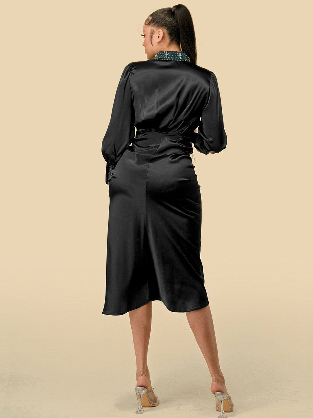 WOMEN'S LONG SLEEVES STUDS NECK DETAILED HIGH-LOW BUTTON UP MIDI DRESS