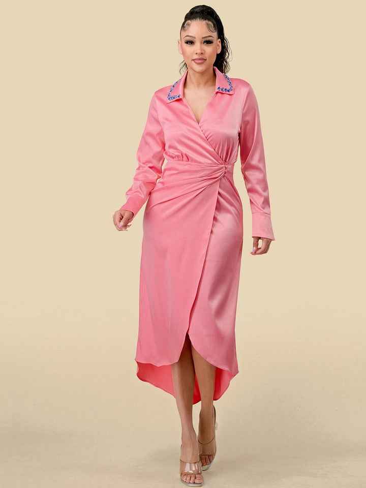 WOMEN'S LONG SLEEVES STUDS NECK DETAILED HIGH-LOW WRAP MIDI DRESS