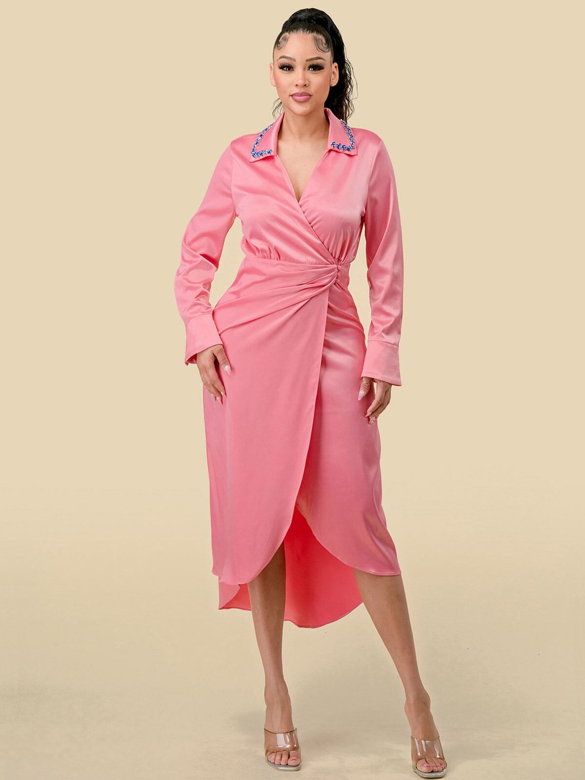 WOMEN'S LONG SLEEVES STUDS NECK DETAILED HIGH-LOW WRAP MIDI DRESS