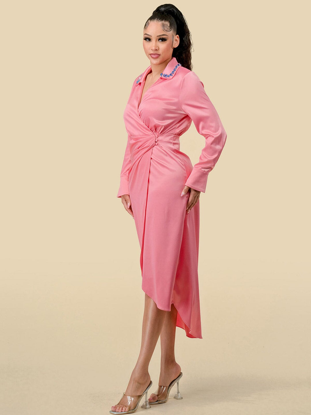 WOMEN'S LONG SLEEVES STUDS NECK DETAILED HIGH-LOW WRAP MIDI DRESS