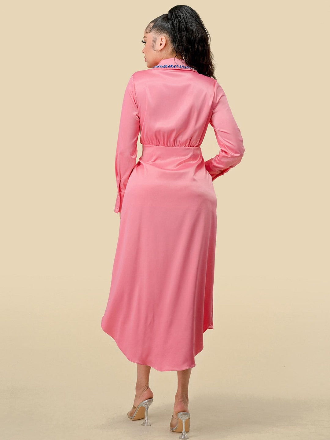 WOMEN'S LONG SLEEVES STUDS NECK DETAILED HIGH-LOW WRAP MIDI DRESS