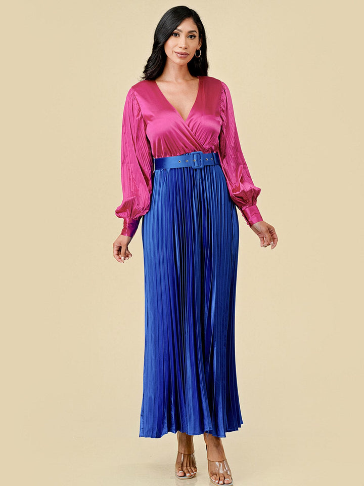 WOMEN'S LONG SLEEVE SURPLICE PLEATED BELTED COLORBLOCK MAXI DRESS