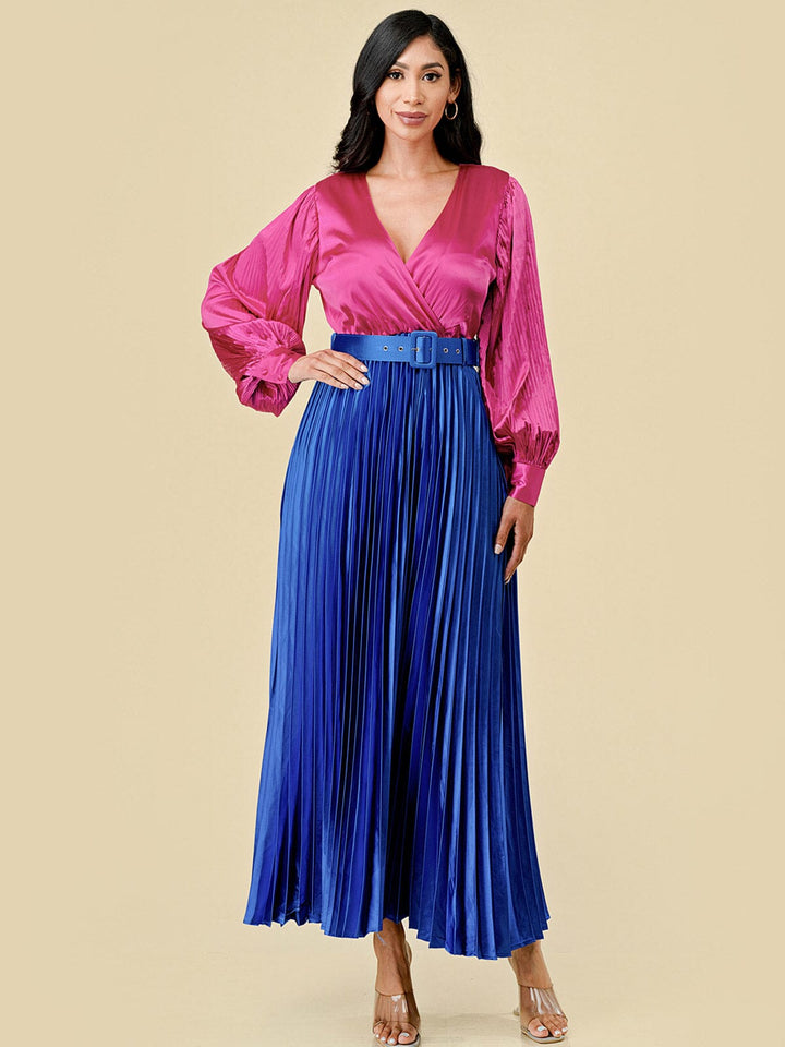 WOMEN'S LONG SLEEVE SURPLICE PLEATED BELTED COLORBLOCK MAXI DRESS