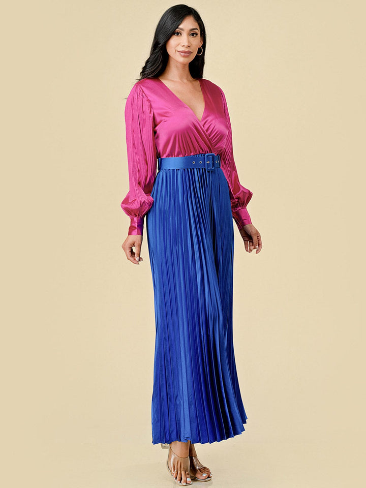 WOMEN'S LONG SLEEVE SURPLICE PLEATED BELTED COLORBLOCK MAXI DRESS