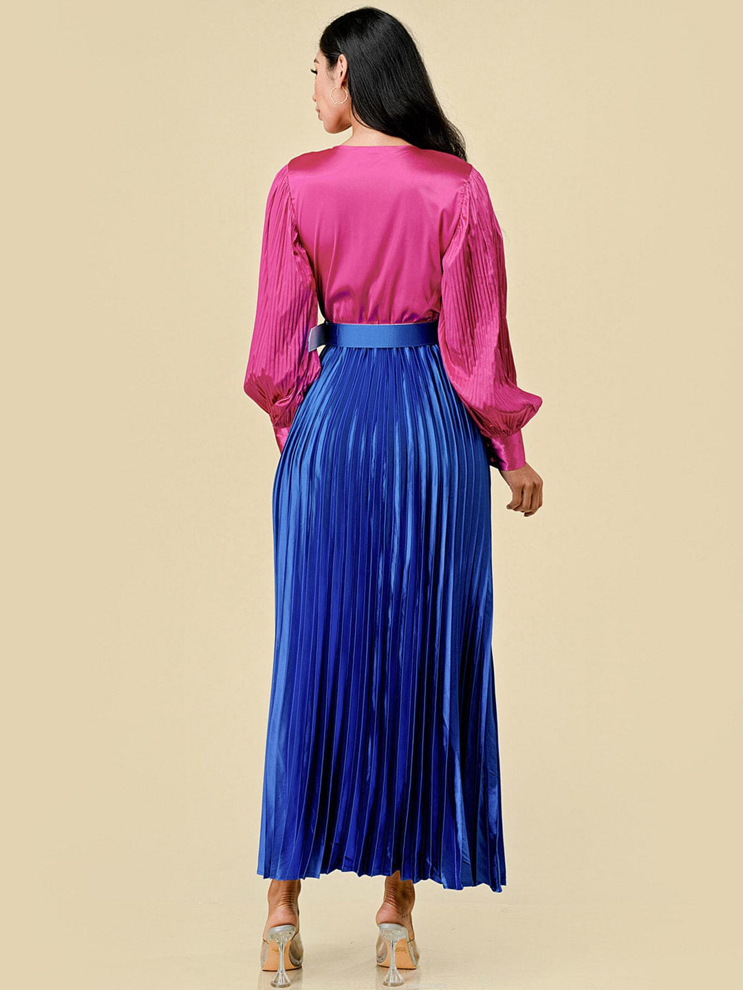 WOMEN'S LONG SLEEVE SURPLICE PLEATED BELTED COLORBLOCK MAXI DRESS