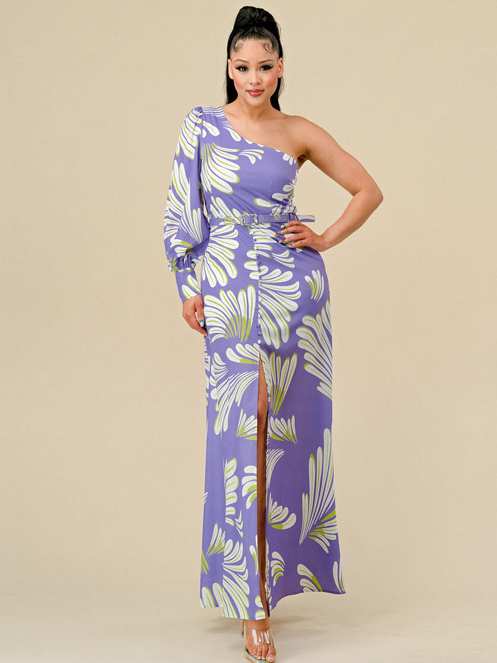 WOMEN'S LON SLEEVE ONE SHOULDER MULTI PRINT BELTED MAXI DRESS