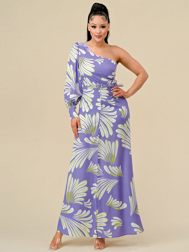 WOMEN'S LON SLEEVE ONE SHOULDER MULTI PRINT BELTED MAXI DRESS