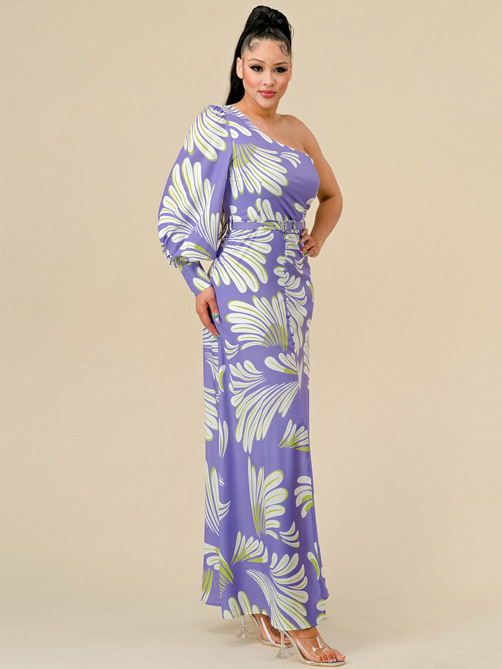 WOMEN'S LON SLEEVE ONE SHOULDER MULTI PRINT BELTED MAXI DRESS