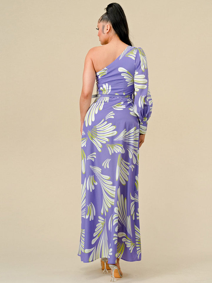 WOMEN'S LON SLEEVE ONE SHOULDER MULTI PRINT BELTED MAXI DRESS