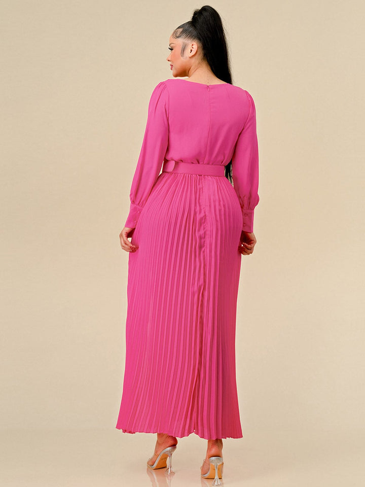 WOMEN'S LONG SLEEVES SQUARE NECK FRONT SLIT PLEATED BELT MAXI DRESS