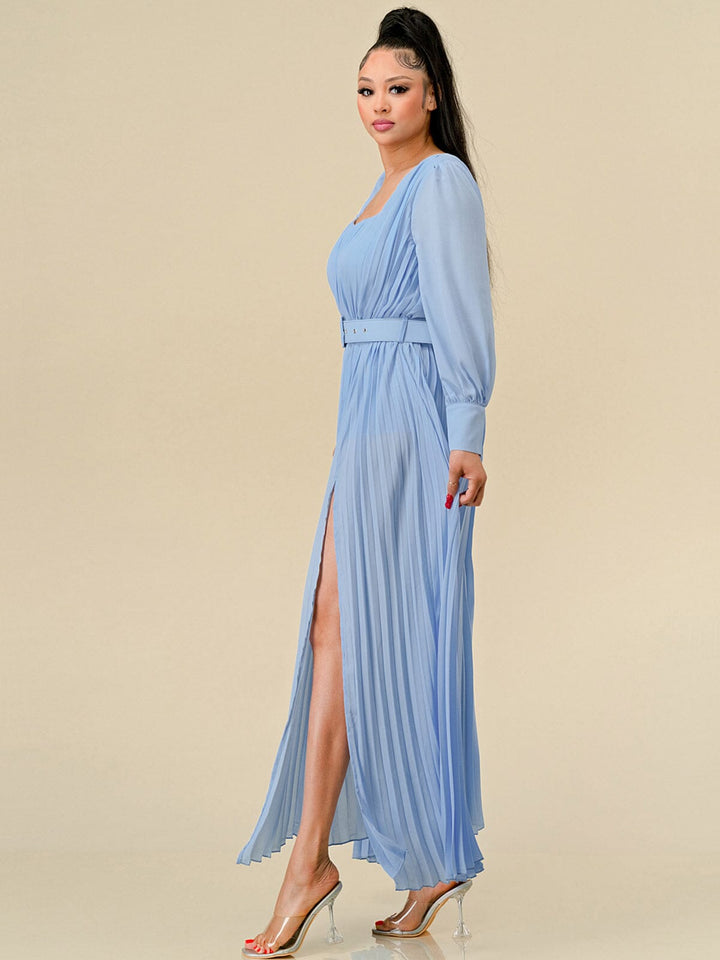 WOMEN'S LONG SLEEVES SQUARE NECK FRONT SLIT PLEATED BELT MAXI DRESS