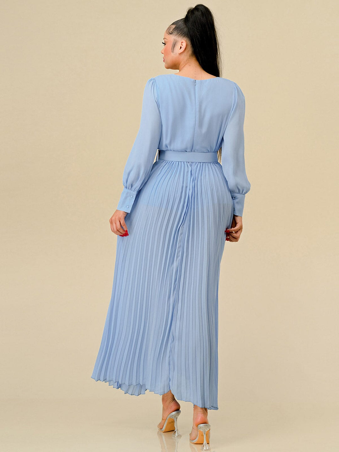 WOMEN'S LONG SLEEVES SQUARE NECK FRONT SLIT PLEATED BELT MAXI DRESS