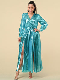 WOMEN'S LONG SLEEVES SURPLICE FRONT SLIT BELTED METALLIC MAXI DRESS