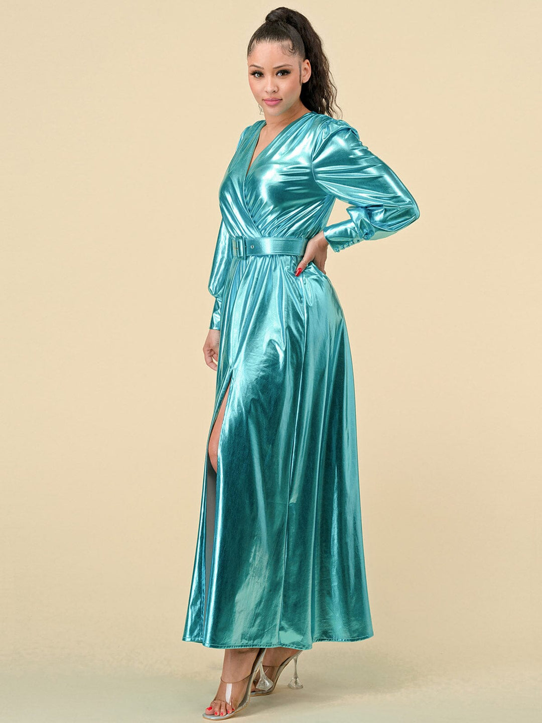 WOMEN'S LONG SLEEVES SURPLICE FRONT SLIT BELTED METALLIC MAXI DRESS
