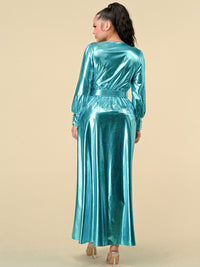 WOMEN'S LONG SLEEVES SURPLICE FRONT SLIT BELTED METALLIC MAXI DRESS