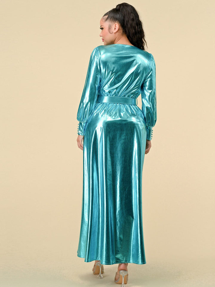 WOMEN'S LONG SLEEVES SURPLICE FRONT SLIT BELTED METALLIC MAXI DRESS