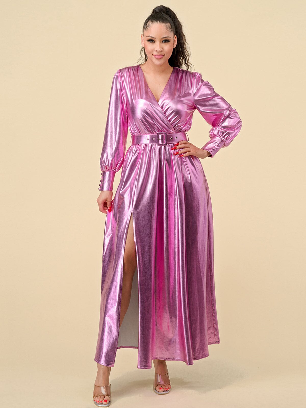 WOMEN'S LONG SLEEVES SURPLICE FRONT SLIT BELTED METALLIC MAXI DRESS