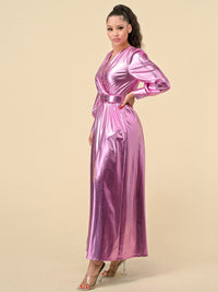 WOMEN'S LONG SLEEVES SURPLICE FRONT SLIT BELTED METALLIC MAXI DRESS