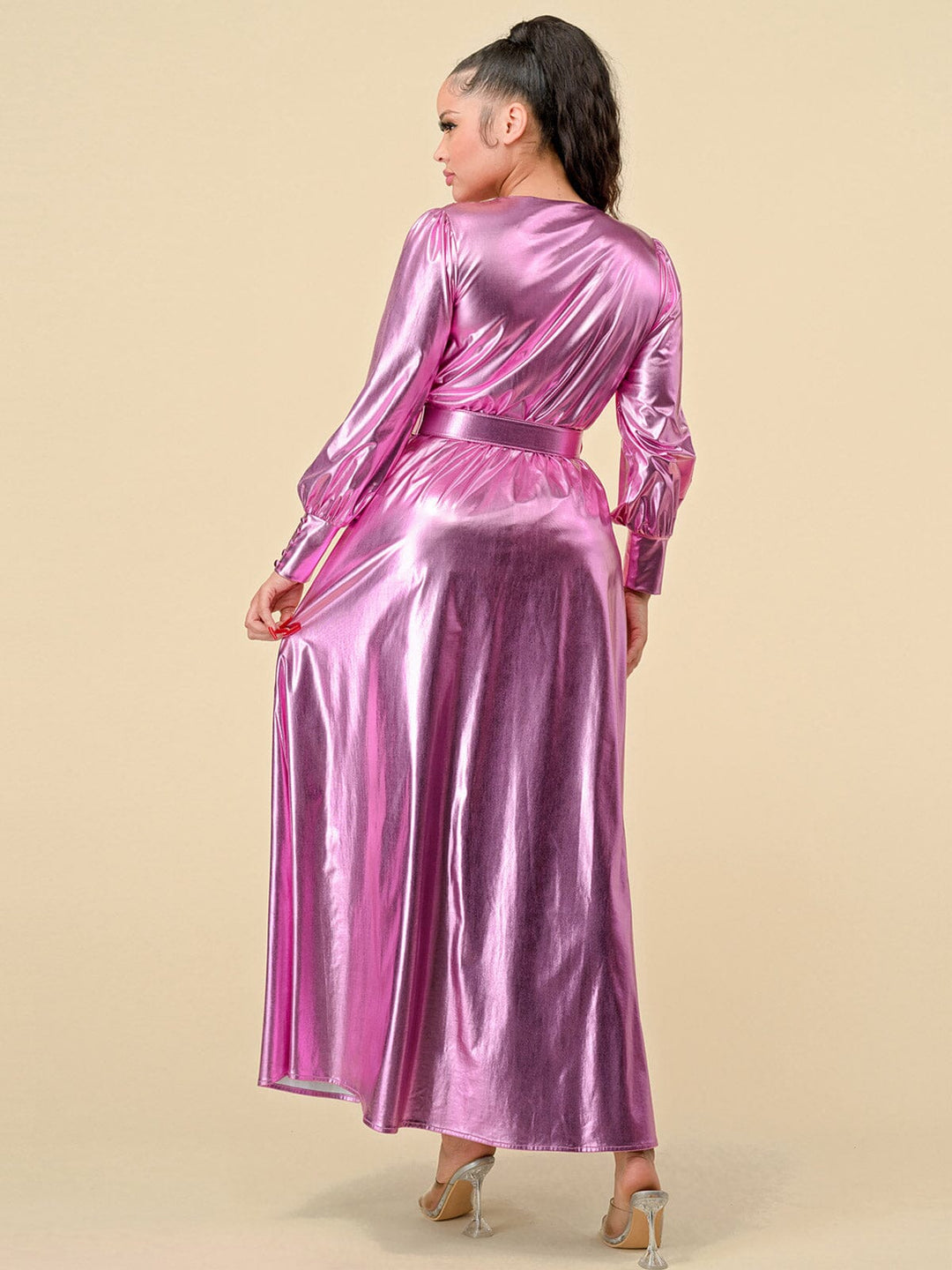 WOMEN'S LONG SLEEVES SURPLICE FRONT SLIT BELTED METALLIC MAXI DRESS