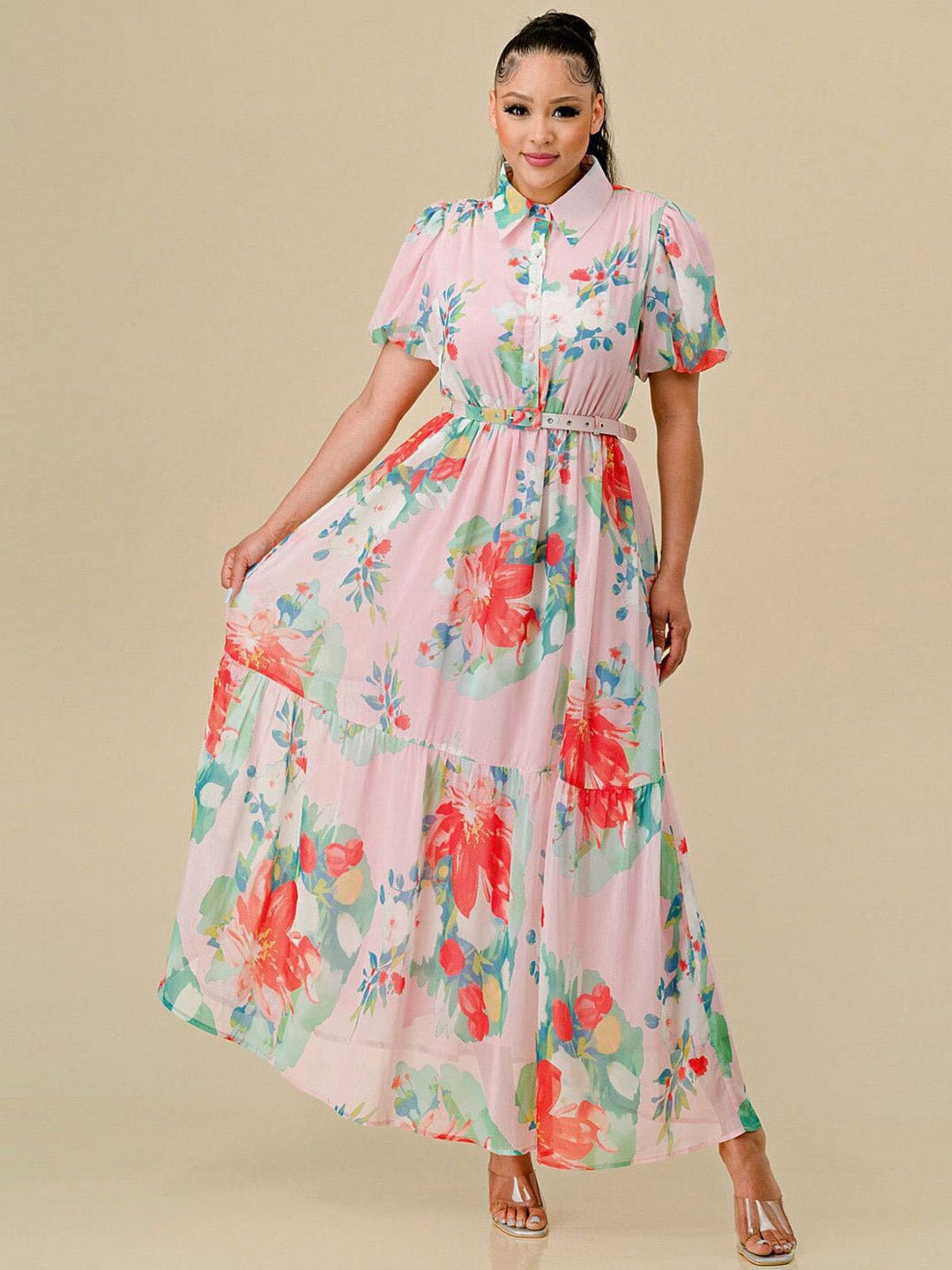 WOMEN'S SHORT SLEEVES BUTTON UP BELTED FLORAL PRINT MAXI DRESS