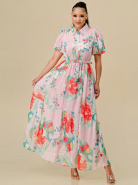 WOMEN'S SHORT SLEEVES BUTTON UP BELTED FLORAL PRINT MAXI DRESS