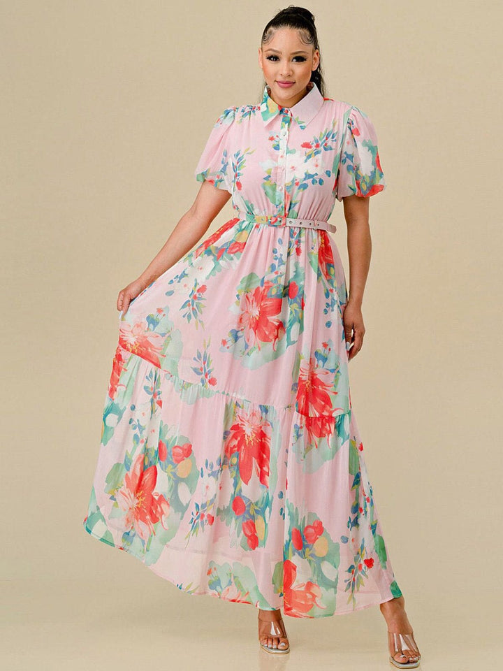 WOMEN'S SHORT SLEEVES BUTTON UP BELTED FLORAL PRINT MAXI DRESS