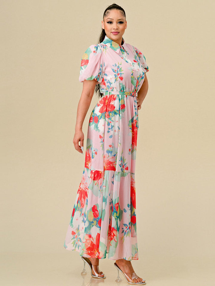 WOMEN'S SHORT SLEEVES BUTTON UP BELTED FLORAL PRINT MAXI DRESS
