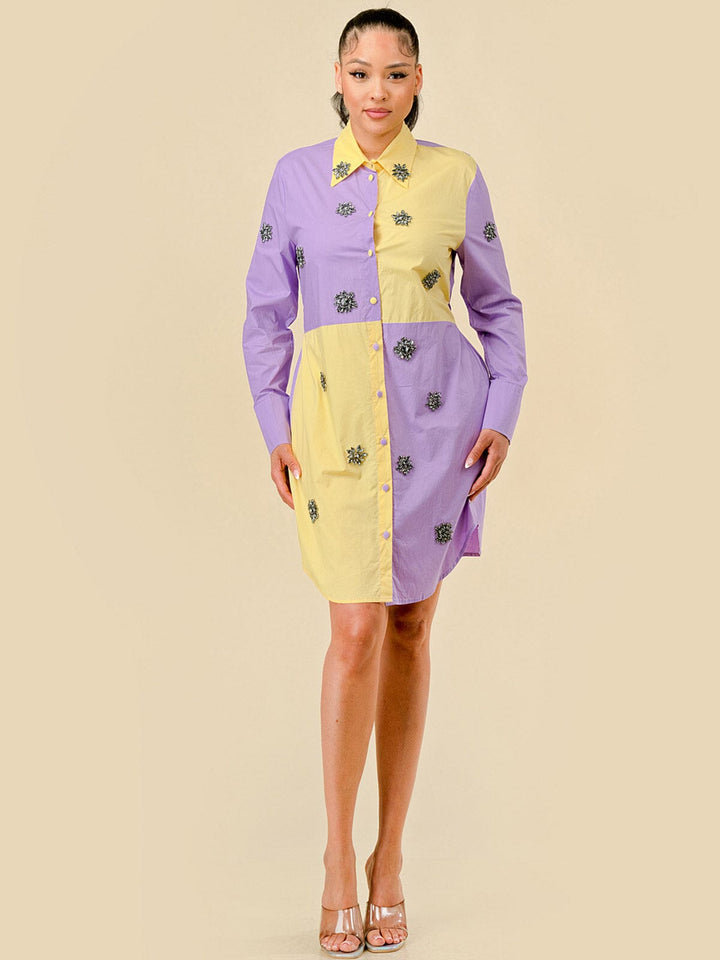 WOMEN'S LONG SLEEVES BUTTON UP STUDS DETAILED COLORBLOCK MINI DRESS