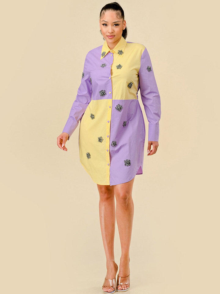WOMEN'S LONG SLEEVES BUTTON UP STUDS DETAILED COLORBLOCK MINI DRESS
