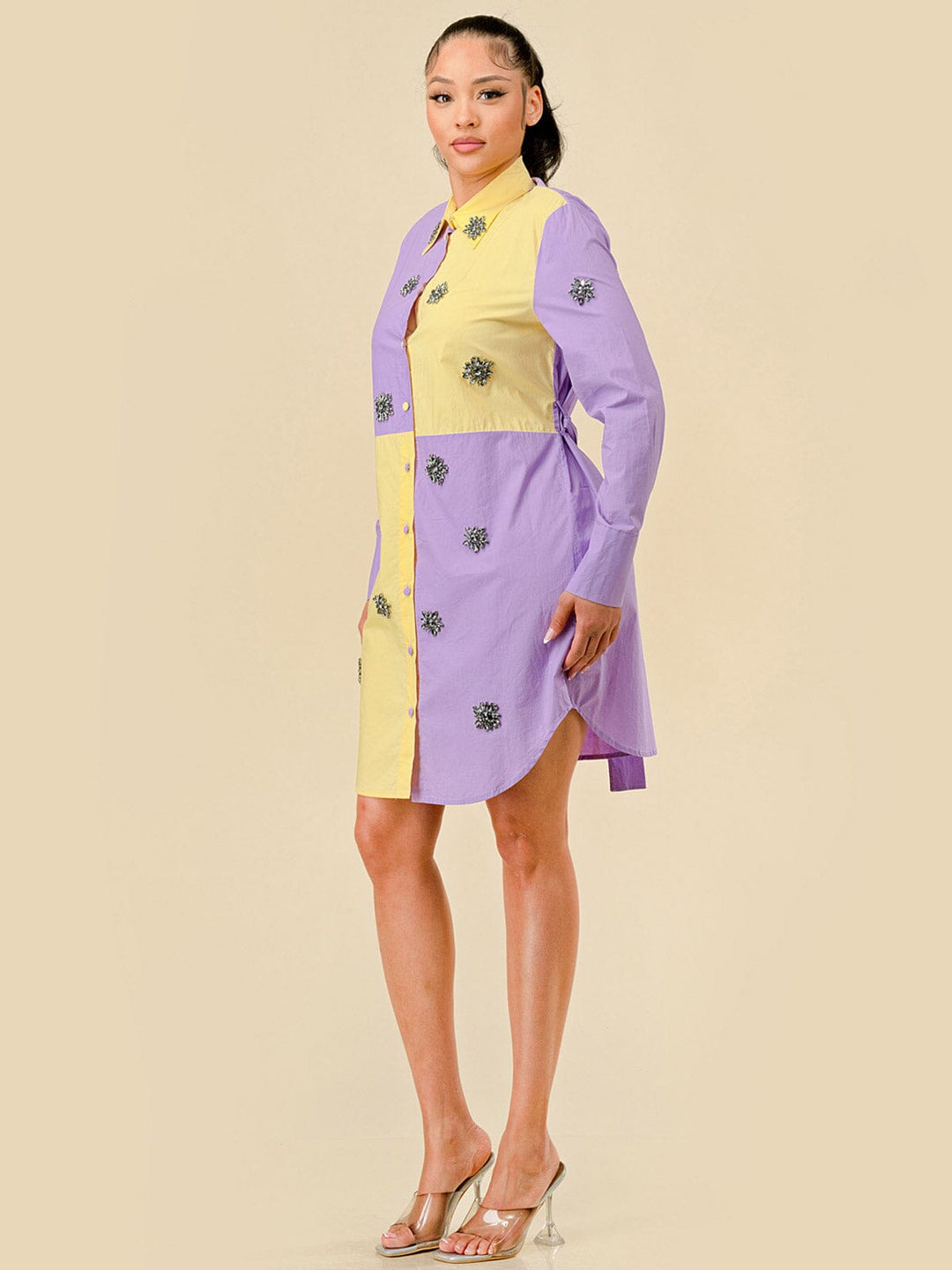 WOMEN'S LONG SLEEVES BUTTON UP STUDS DETAILED COLORBLOCK MINI DRESS