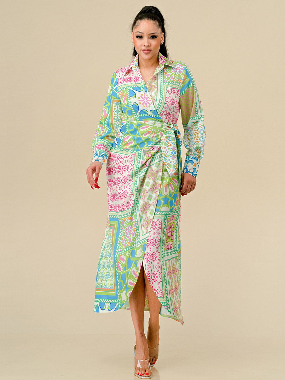WOMEN'S LONG SLEEVES HIGH-LOW MULTI PRINT WRAP MAXI DRESS