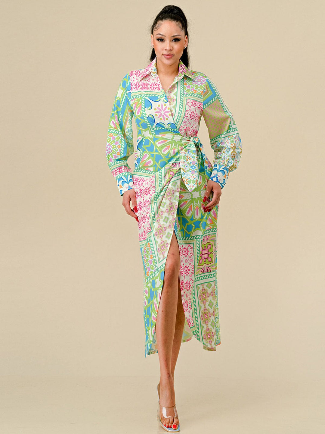 WOMEN'S LONG SLEEVES HIGH-LOW MULTI PRINT WRAP MAXI DRESS