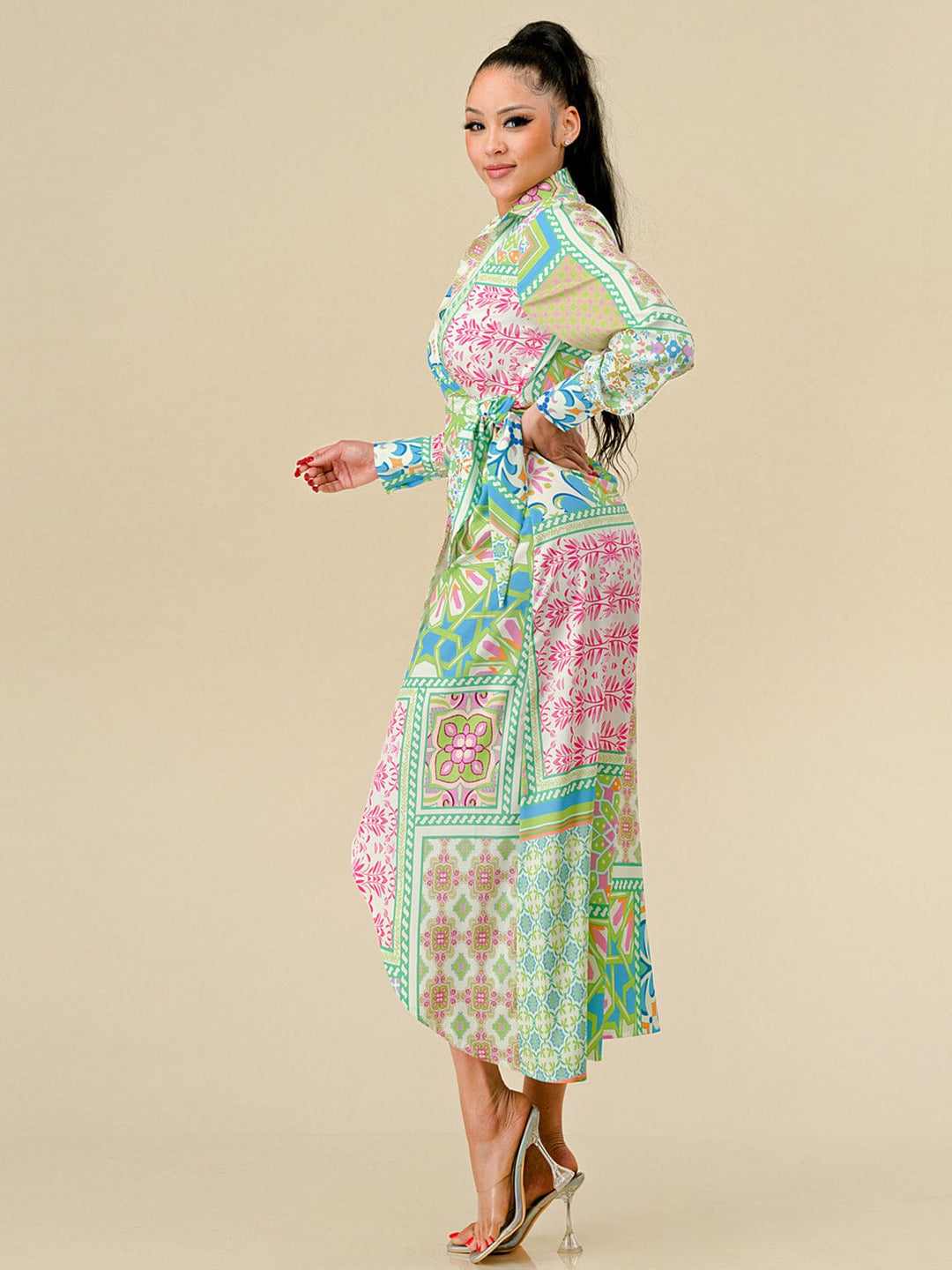 WOMEN'S LONG SLEEVES HIGH-LOW MULTI PRINT WRAP MAXI DRESS