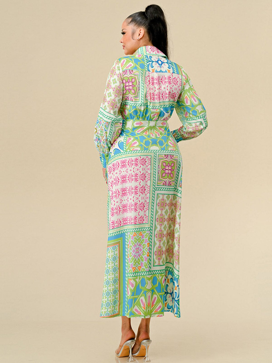 WOMEN'S LONG SLEEVES HIGH-LOW MULTI PRINT WRAP MAXI DRESS