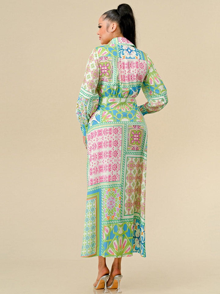 WOMEN'S LONG SLEEVES HIGH-LOW MULTI PRINT WRAP MAXI DRESS
