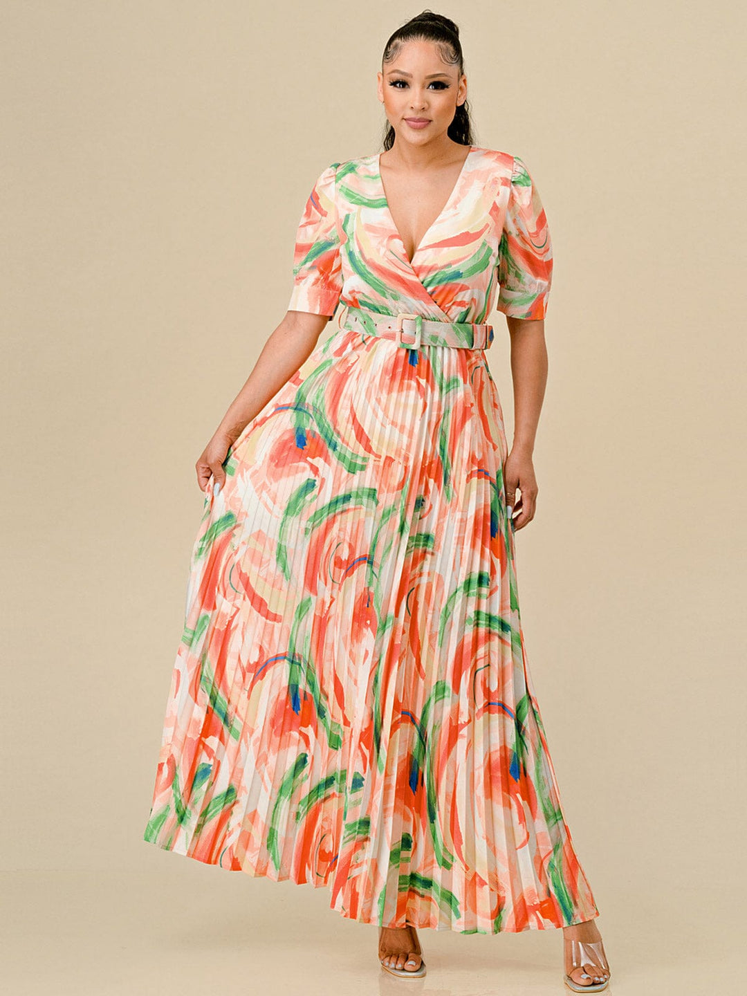 WOMEN'S SHORT SLEEVES SURPLICE PLEATED MULTI PRINT BELT MAXI DRESS