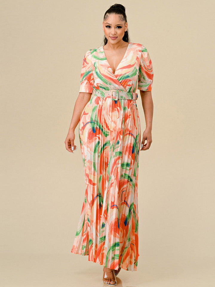 WOMEN'S SHORT SLEEVES SURPLICE PLEATED MULTI PRINT BELT MAXI DRESS