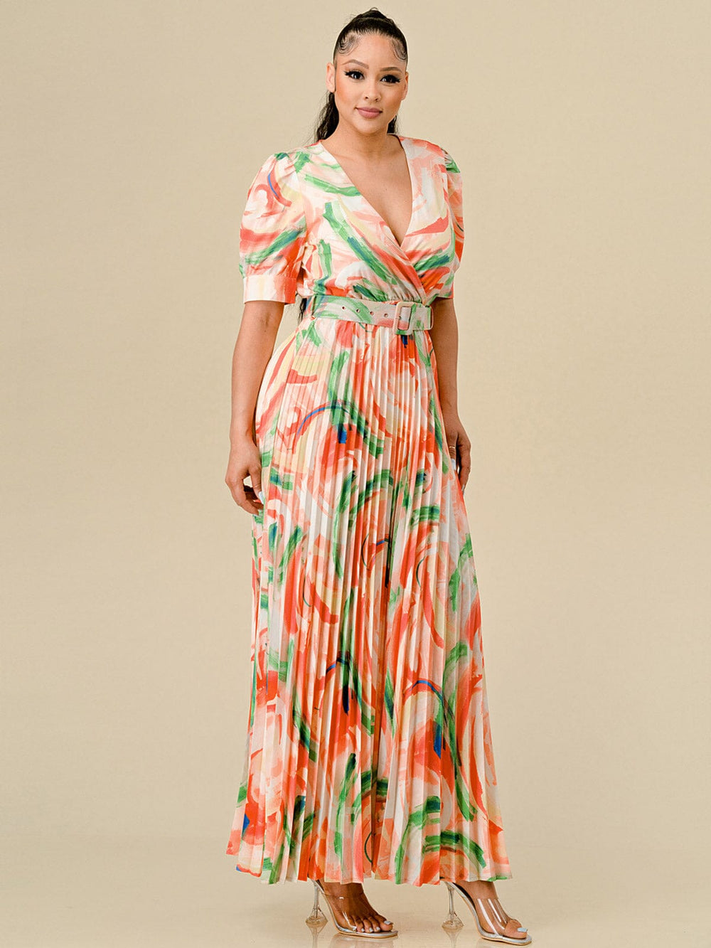 WOMEN'S SHORT SLEEVES SURPLICE PLEATED MULTI PRINT BELT MAXI DRESS