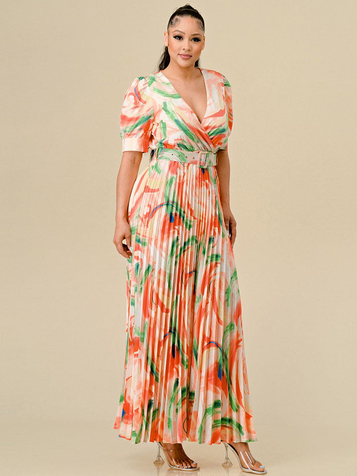 WOMEN'S SHORT SLEEVES SURPLICE PLEATED MULTI PRINT BELT MAXI DRESS