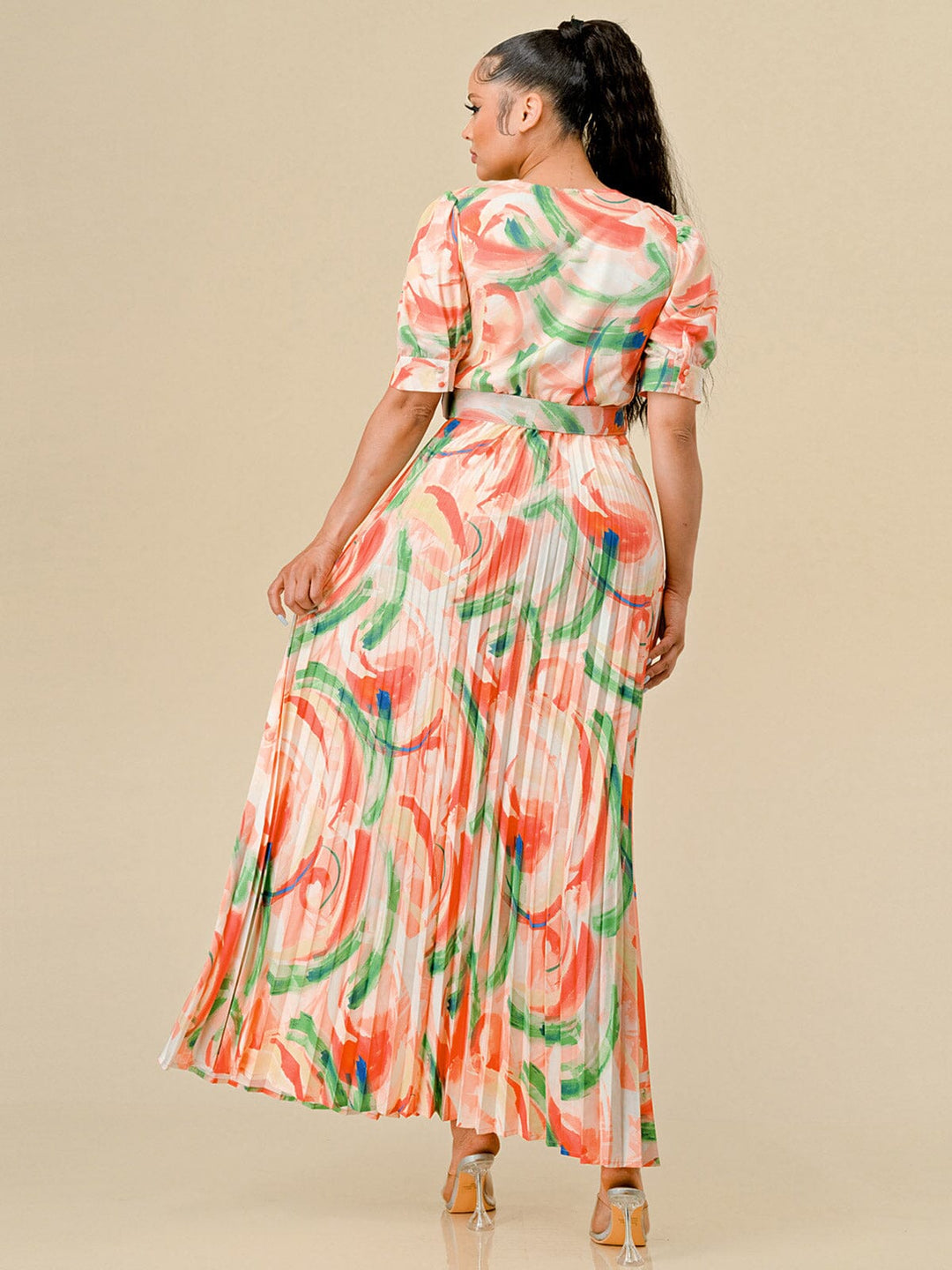 WOMEN'S SHORT SLEEVES SURPLICE PLEATED MULTI PRINT BELT MAXI DRESS