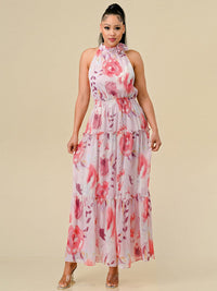 WOMEN'S SLEEVELESS HALTER NECK TIERED FLORAL PRINT MAXI DRESS