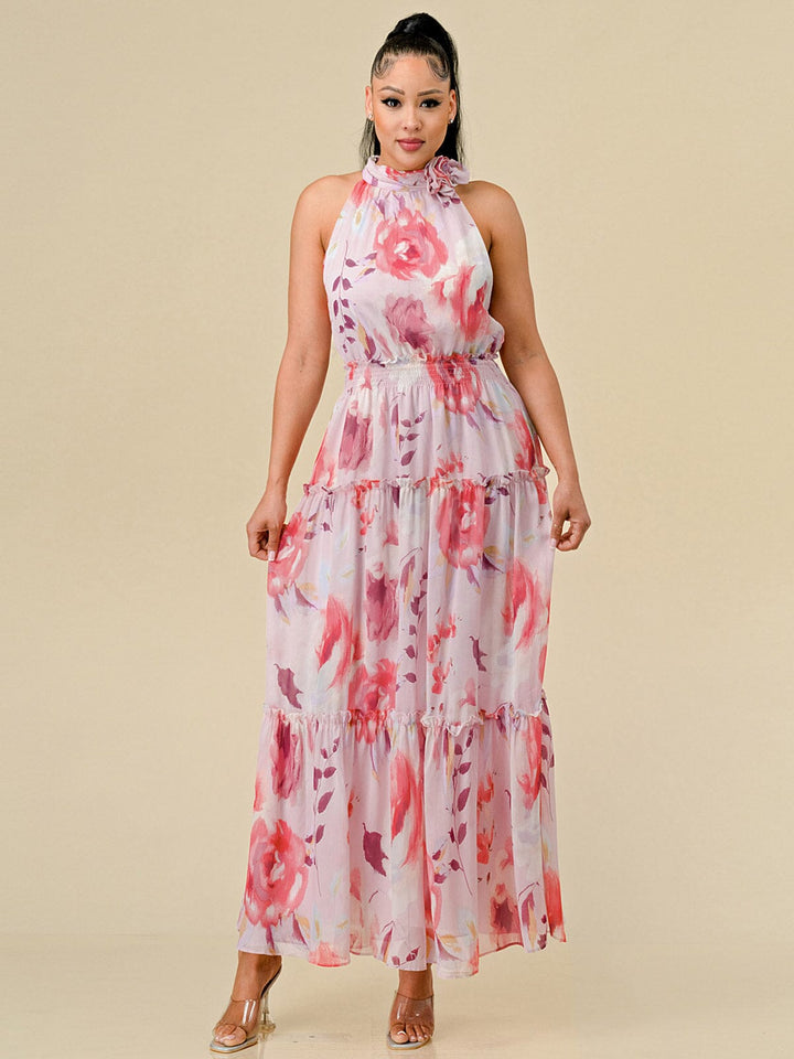 WOMEN'S SLEEVELESS HALTER NECK TIERED FLORAL PRINT MAXI DRESS