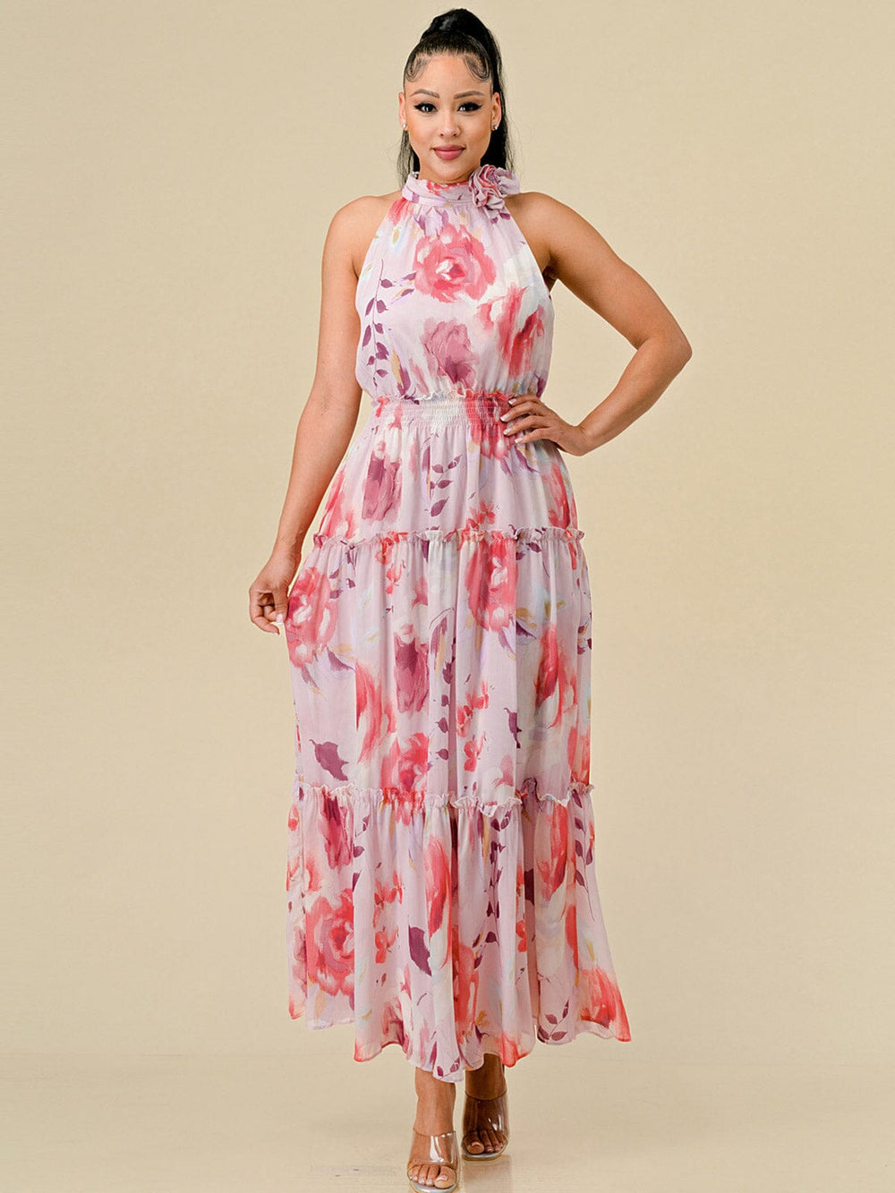 WOMEN'S SLEEVELESS HALTER NECK TIERED FLORAL PRINT MAXI DRESS
