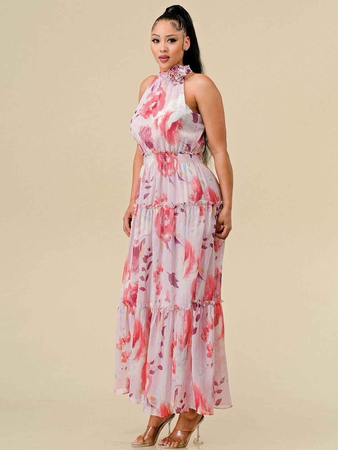 WOMEN'S SLEEVELESS HALTER NECK TIERED FLORAL PRINT MAXI DRESS