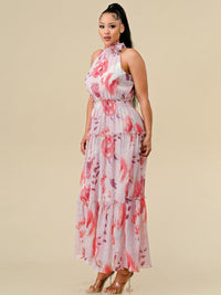WOMEN'S SLEEVELESS HALTER NECK TIERED FLORAL PRINT MAXI DRESS