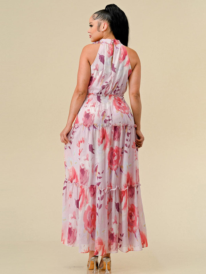 WOMEN'S SLEEVELESS HALTER NECK TIERED FLORAL PRINT MAXI DRESS