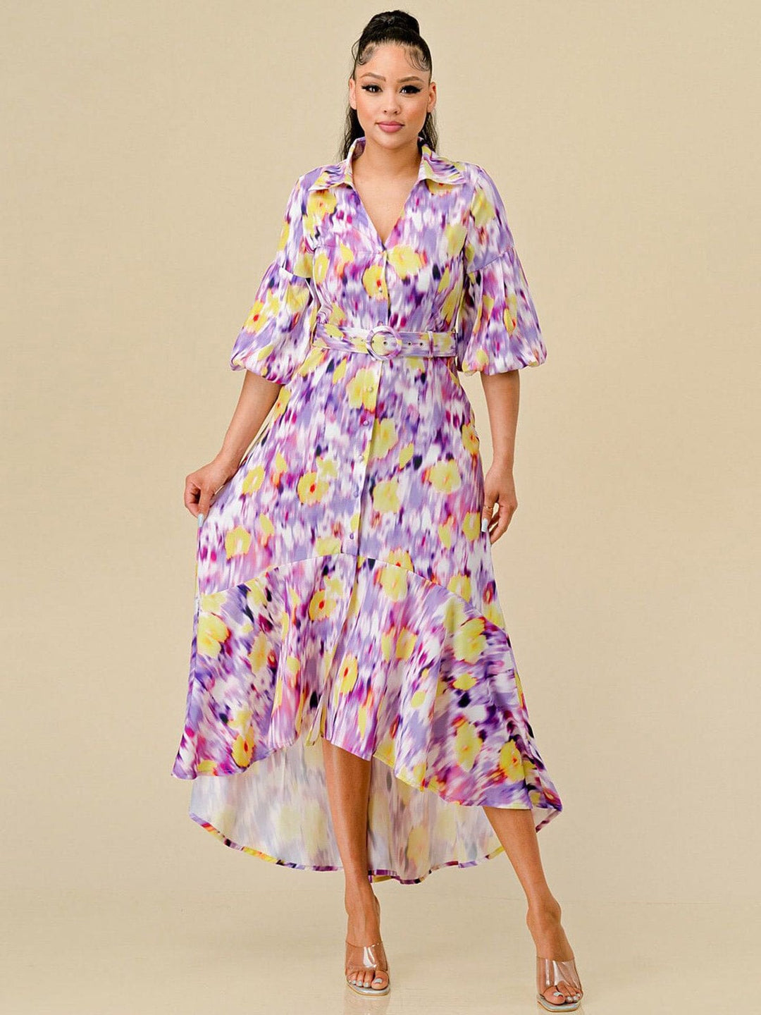 WOMEN'S SHORT SLEEVE BUTTON UP BELTED HIGH-LOW MULTI MAXI DRESS