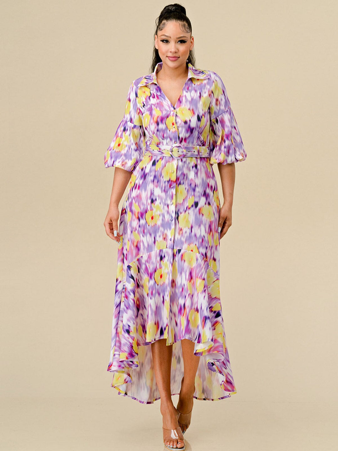 WOMEN'S SHORT SLEEVE BUTTON UP BELTED HIGH-LOW MULTI MAXI DRESS