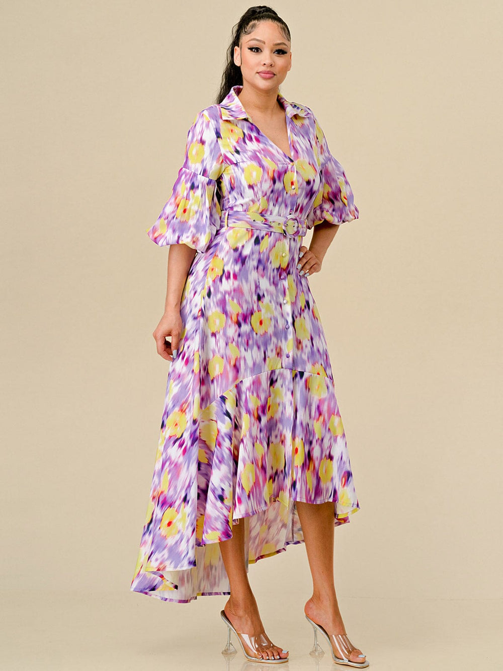 WOMEN'S SHORT SLEEVE BUTTON UP BELTED HIGH-LOW MULTI MAXI DRESS